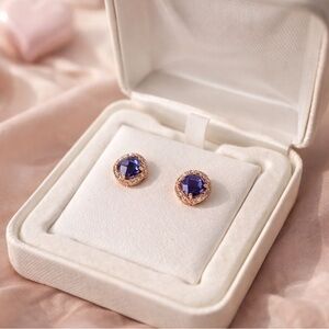 Rose Gold Halo Purple CZ Stud Earrings | Sterling Silver | Valentine Gift